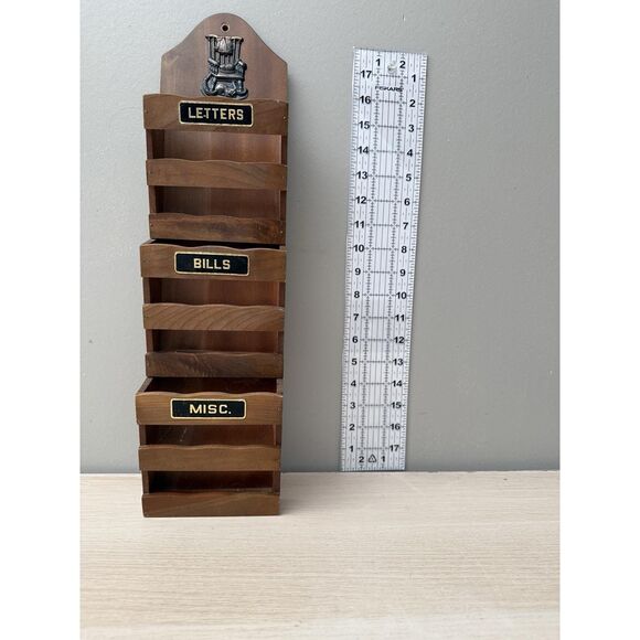 Vintage 3-Tier Wood Letter Holder: MCM Wall Mount Mail Organizer - Picture 4 of 8